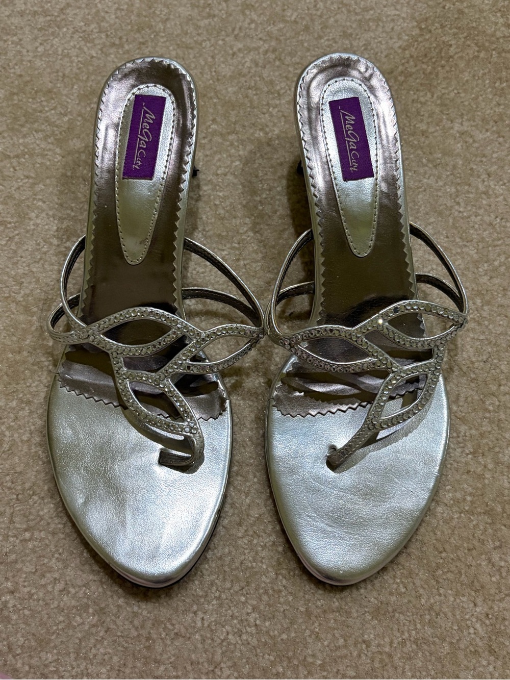Metallic Silver Rhinestone Heeled Sandals